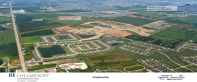 Aerial view of a Texas MUD district development with roads, housing, and green spaces, highlighting MUD financing solution...