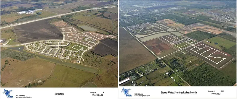 Aerial view of Texas MUD developments, Emberly and Sierra Vista, showcasing MUD district funding solutions and financing o...